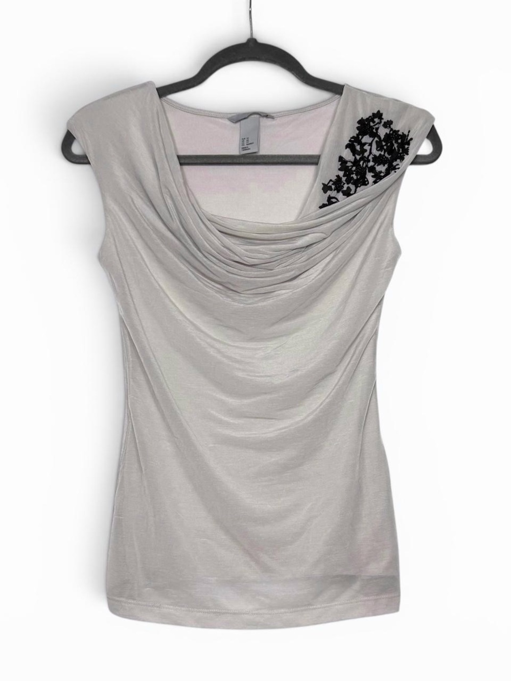 H&M Grey Sleeveless Draped Cowl Neck Mesh Top with Floral Beading